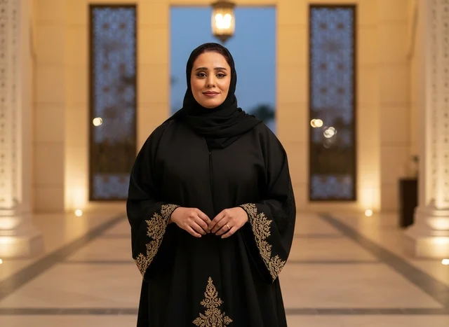Arab Woman in Black Abaya in Luxury Corridor
