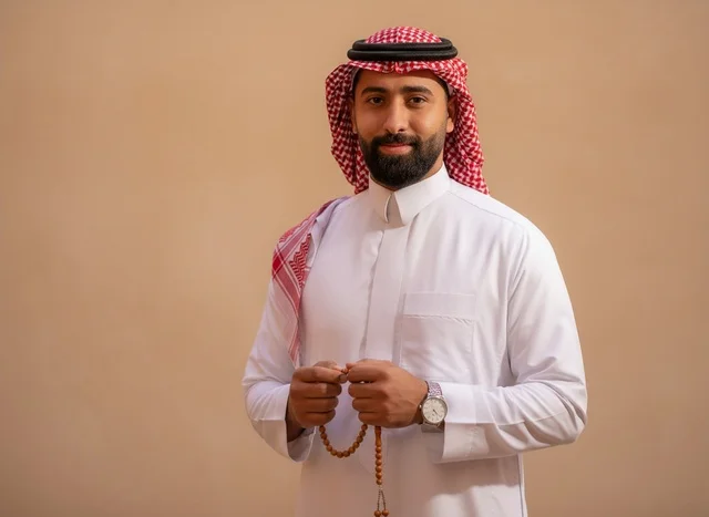 رجل سعودي بالزي التقليدي يمسك مسبحة خشبية