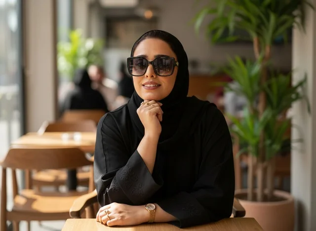 امرأة سعودية بالعباءة السوداء والنظارات في مقهى