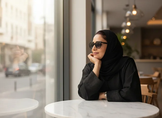 امرأة إماراتية بعباءة سوداء في مقهى حديث
