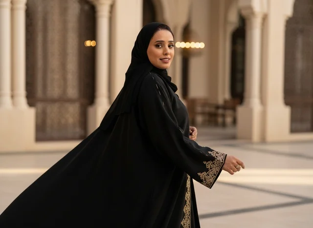 Emirati Woman in Traditional Black Abaya and Gold Embroidery