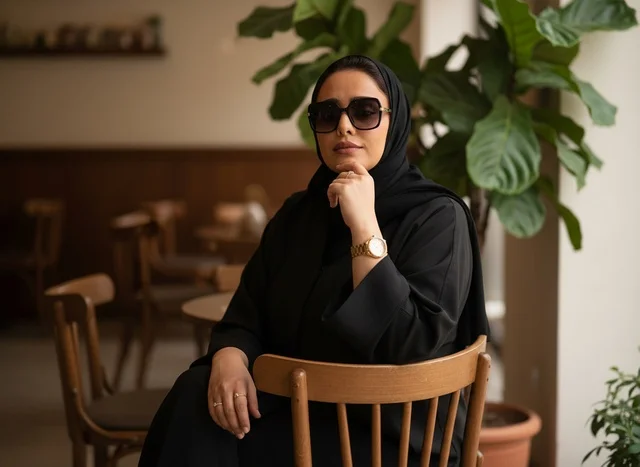 امرأة سعودية بالعباءة السوداء في مقهى داخلي