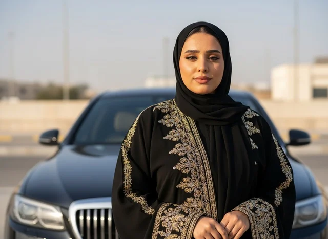 امرأة سعودية بعباءة سوداء أمام سيارة فاخرة