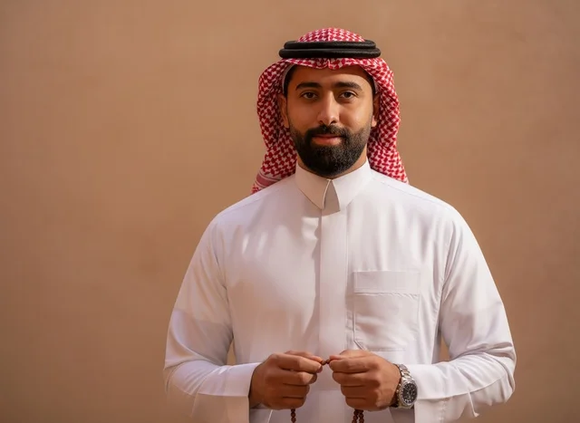 Saudi Man in Traditional Thobe Holding Prayer Beads