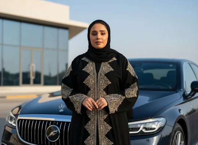 امرأة إماراتية بالعباءة مع سيارة فاخرة في الخارج