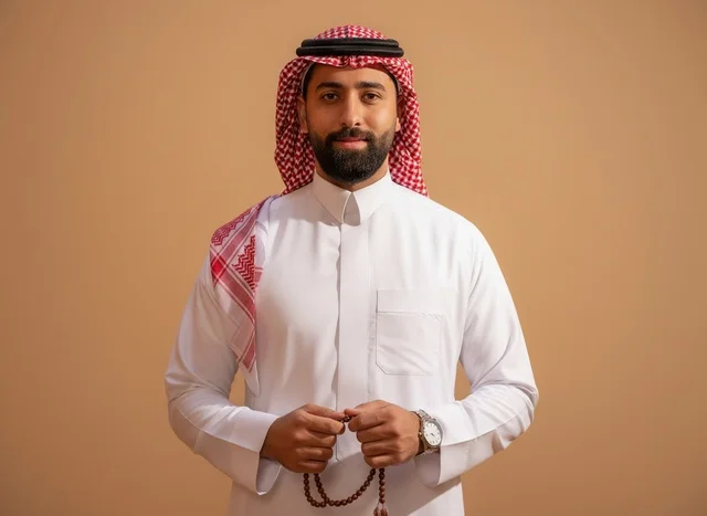 رجل سعودي بالزي التقليدي يمسك مسبحة خشبية رجل سعودي بالزي التقليدي يمسك مسبحة خشبية