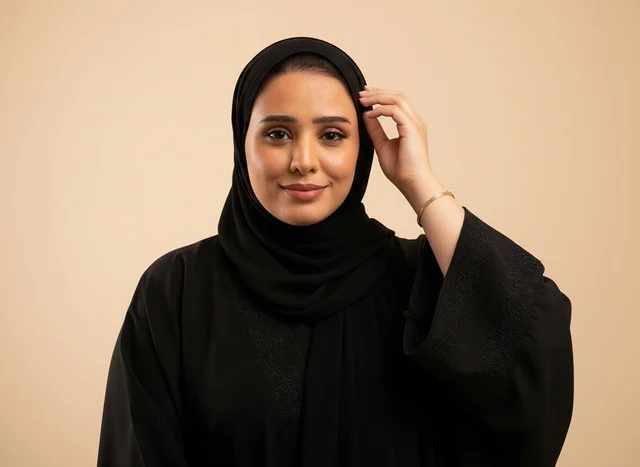 Emirati Woman in Black Abaya on Beige Background