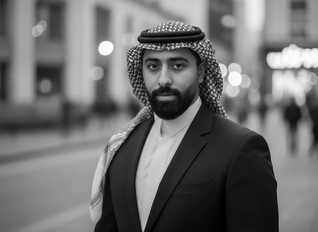 Saudi Man in City Street Black and White Portrait