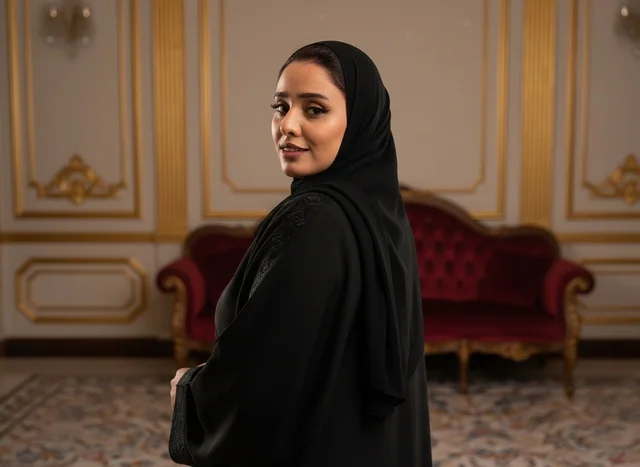 امرأة سعودية في صالة فاخرة بالعباءة السوداء