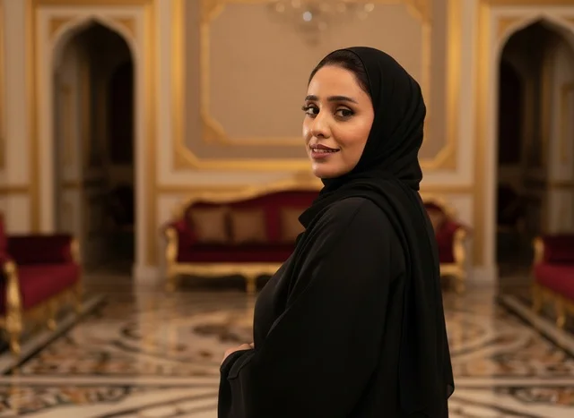 Saudi Woman in Black Abaya in Luxury Palace Hall