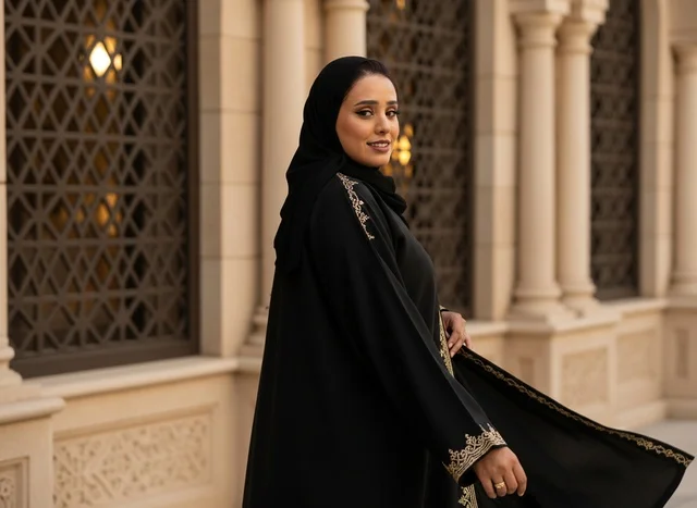 Emirati Woman in Black Abaya Near Traditional Building