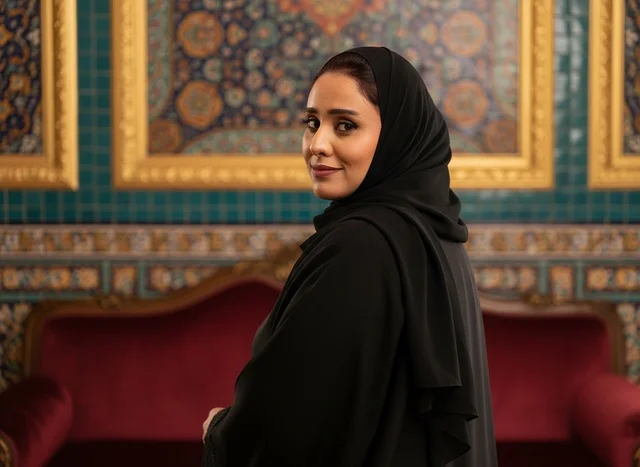Saudi Woman in Traditional Black Abaya Indoors