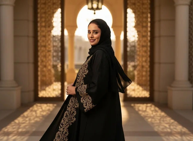 Emirati Woman in Black Abaya at Traditional Courtyard