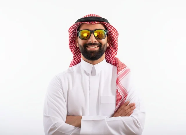 Smiling Saudi Man in Traditional Thobe and Sunglasses