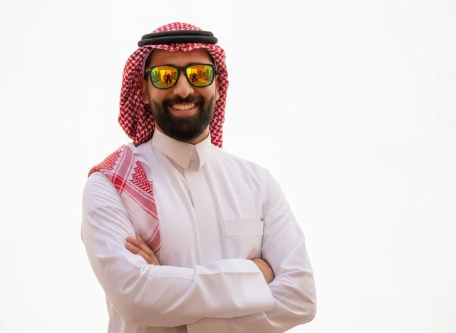 Smiling Saudi Man in Traditional Dress and Sunglasses