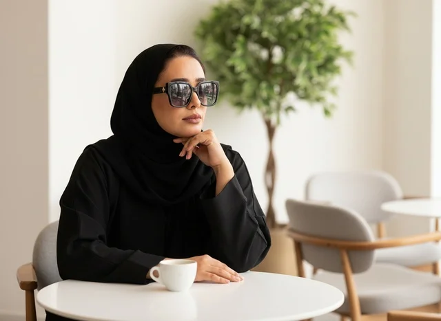 امرأة إماراتية بالعباءة السوداء في مقهى عصري