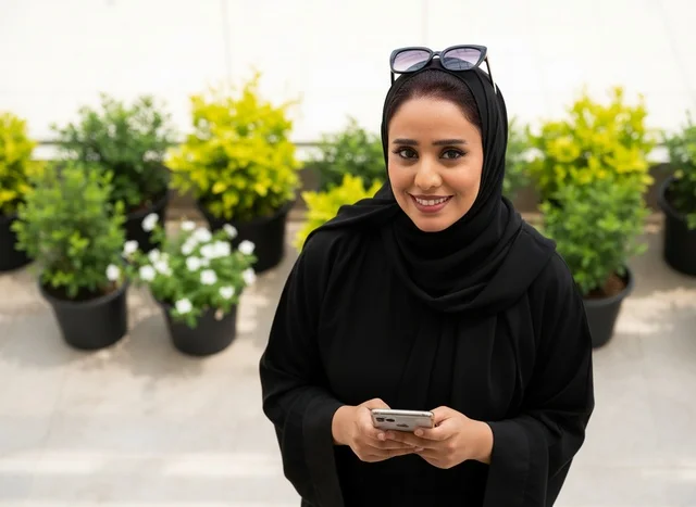 امرأة إماراتية بالعباءة تستخدم الهاتف في الحديقة