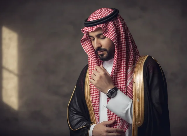 Saudi Man in Traditional Black Bisht and Shemagh