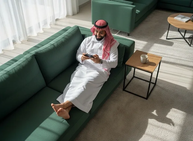 رجل سعودي بالزي التقليدي يستخدم الجوال على الأريكة