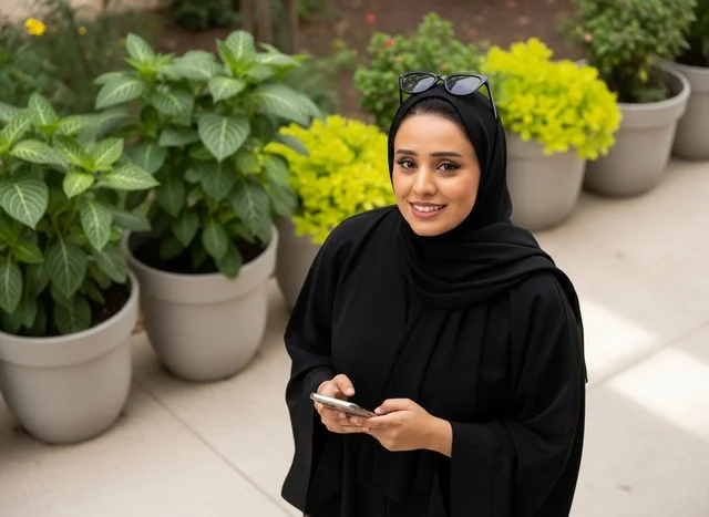 Emirati Woman in Black Abaya Holding Smartphone