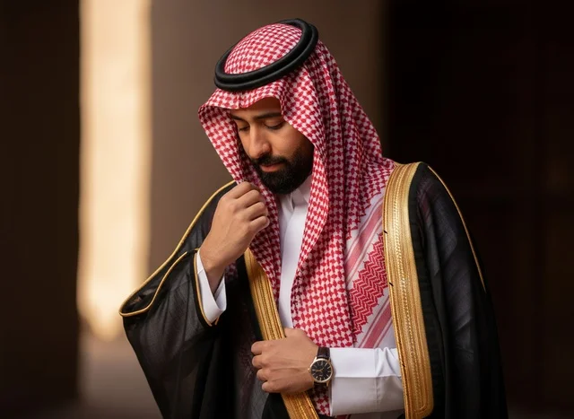 رجل سعودي يرتدي البشت الأسود التقليدي والشماغ