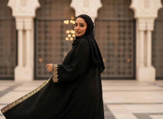 امرأة سعودية بعباءة سوداء مطرزة في وقت المساء