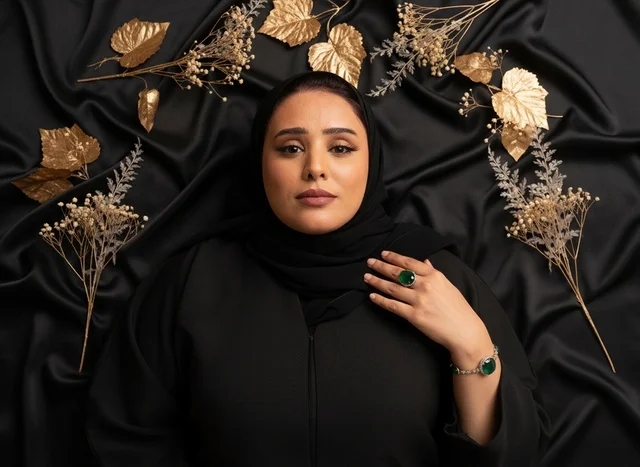 امرأة إماراتية بالعباءة السوداء مع مجوهرات خضراء