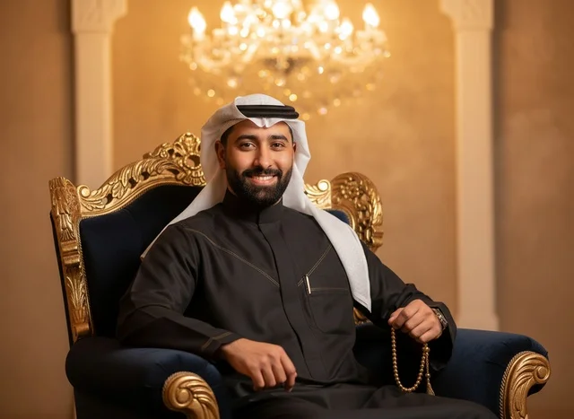 رجل سعودي بالثوب التقليدي يجلس على كرسي مذهب
