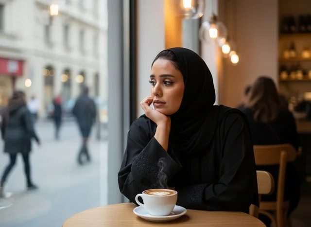 Emirati Woman in Abaya at Cafe with Coffee Cup