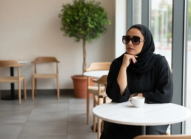 سيدة عربية ترتدي العباءة السوداء تجلس داخل مقهى حديث