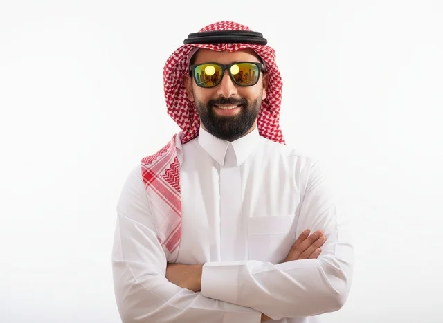 Saudi Man in Traditional Thobe and Mirrored Sunglasses
