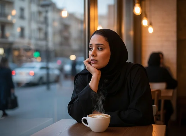 Emirati Woman in Black Abaya at Cafe Window