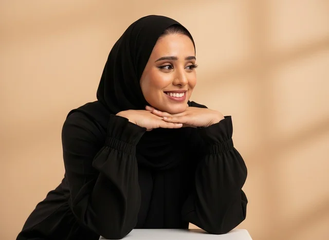امرأة سعودية مبتسمة بالحجاب الأسود والملابس الساترة