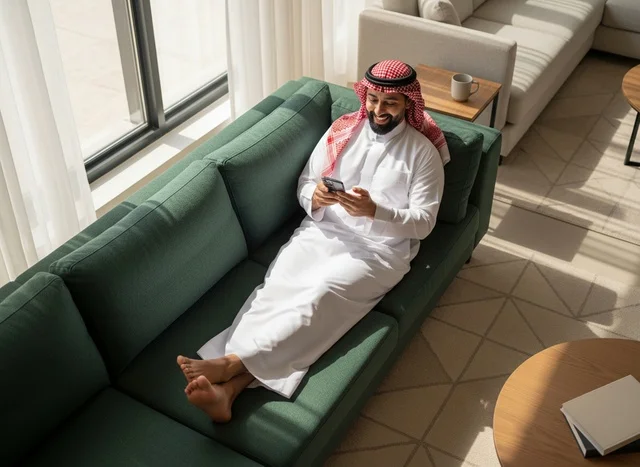 Saudi Man on Sofa Using Smartphone in Modern Home