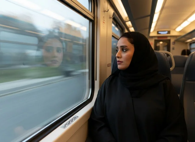 امرأة إماراتية بالعباءة في القطار مع انعكاس النافذة