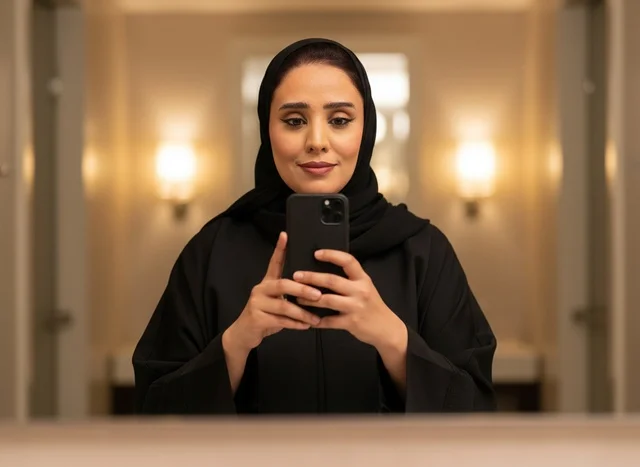 Saudi Woman in Black Abaya Taking Mirror Selfie