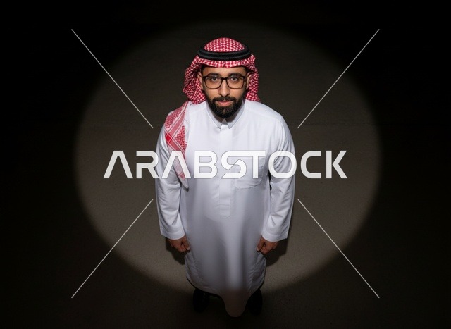 رجل سعودي بالثوب والشماغ تحت إضاءة مركزة