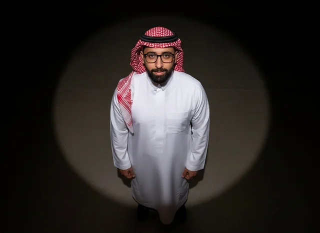 Saudi Man in Thobe Under Spotlight Studio Portrait