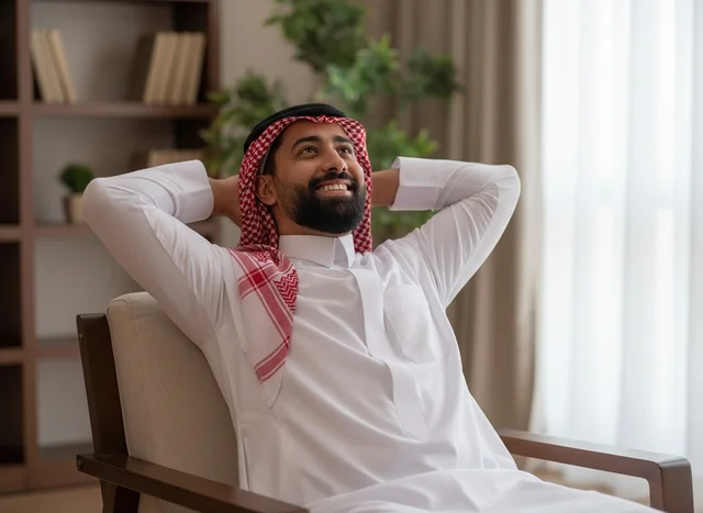 رجل سعودي بالزي التقليدي يسترخي في الداخل