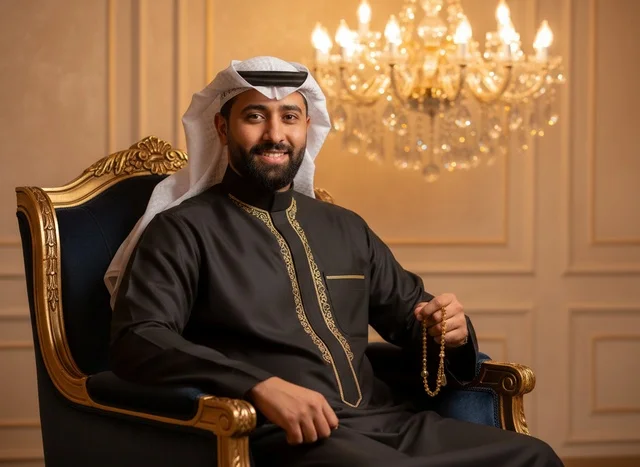 Emirati Man in Traditional Black Thobe and Ghutra