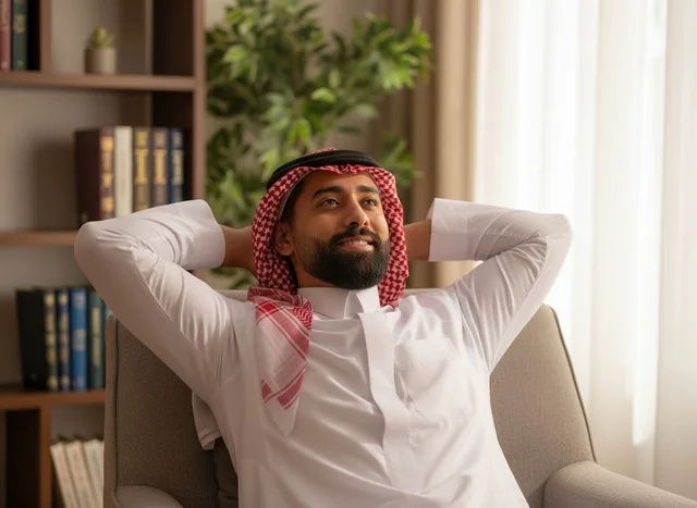 Relaxed Saudi Man in Traditional Thobe at Home
