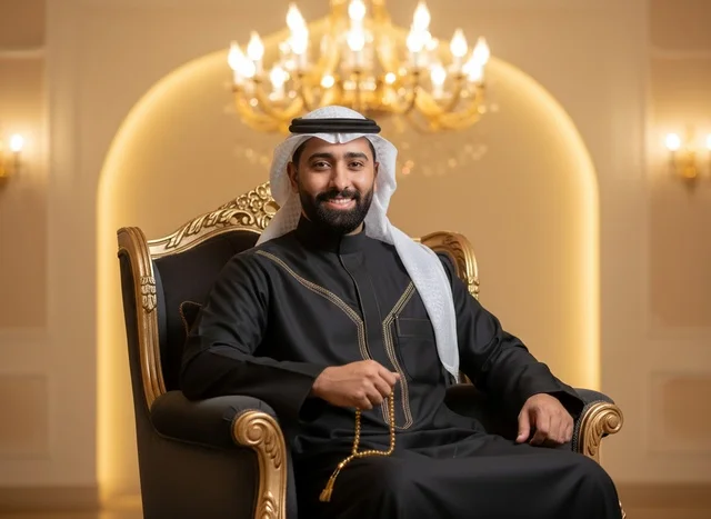 Saudi Man in Traditional Black Thobe and Luxury Chair
