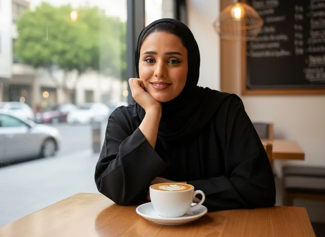 Saudi Woman in Black Abaya at Cafe with Coffee