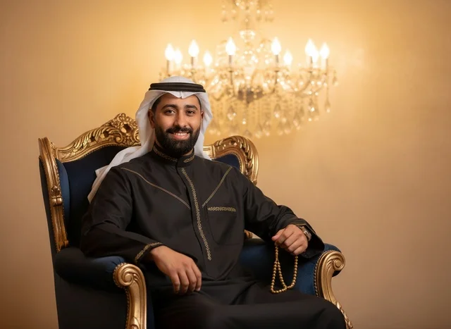 رجل إماراتي بالزي التقليدي يمسك مسبحة في مجلس فاخر