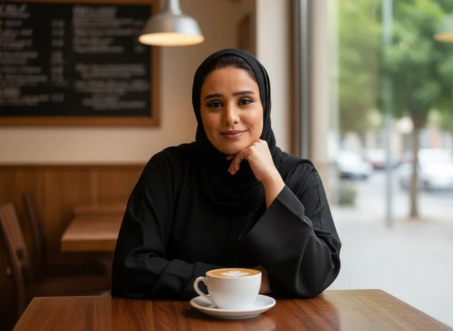 امرأة سعودية بالعباءة السوداء في مقهى مع فنجان قهوة