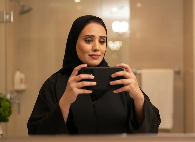 Arab Woman in Abaya Using Smartphone in Mirror Arab Woman in Abaya Using Smartphone in Mirror