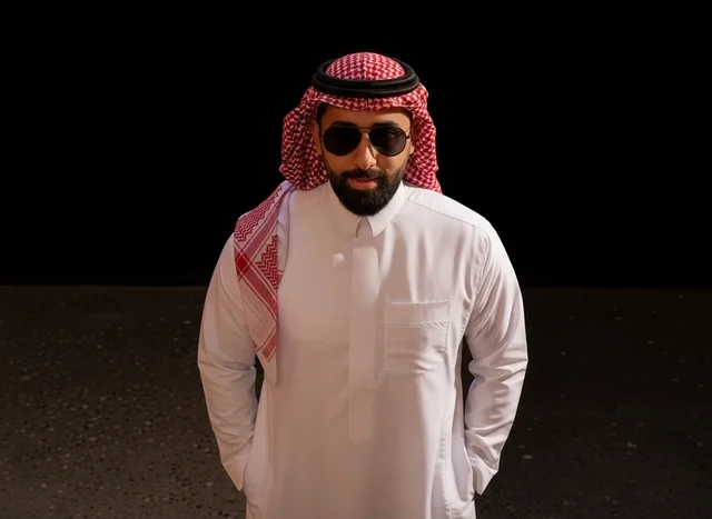 رجل سعودي يرتدي الثوب التقليدي والنظارات الشمسية