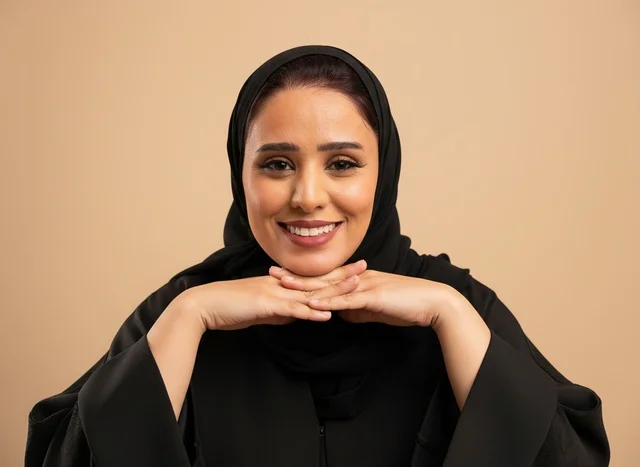 امرأة سعودية بالعباءة السوداء بخلفية بيج