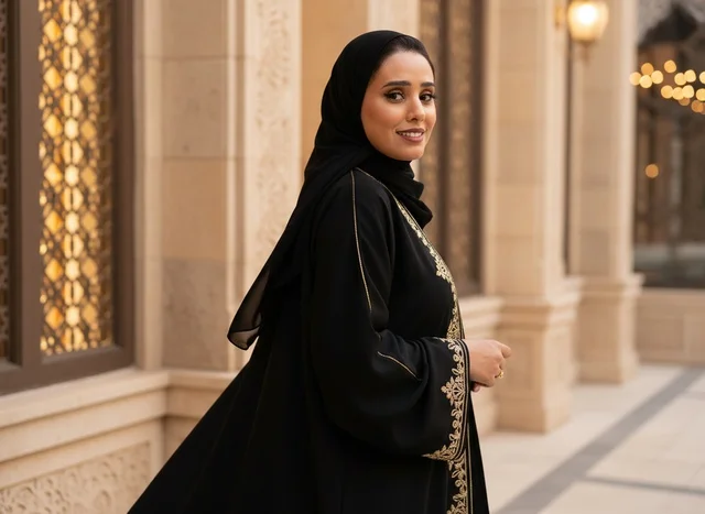 Saudi Woman in Black Abaya with Traditional Architecture
