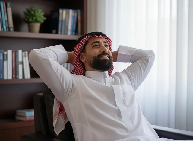Relaxed Saudi Businessman in White Thobe at Office